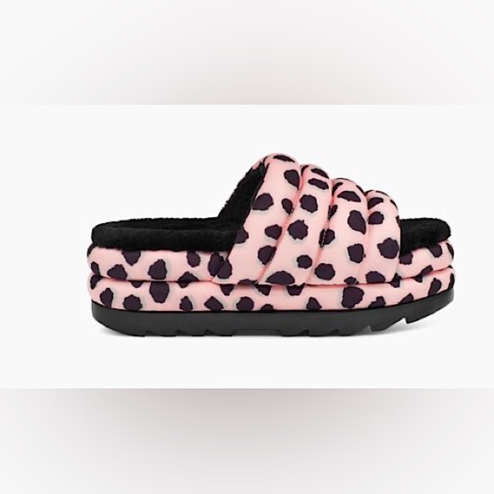 UGG Maxi Slides, pink leopard platform puff, black lambs wool, size 7 women’s - Picture 4 of 13